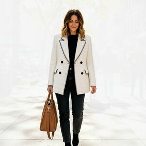 Zara White Tweed Blazer with Black Trim